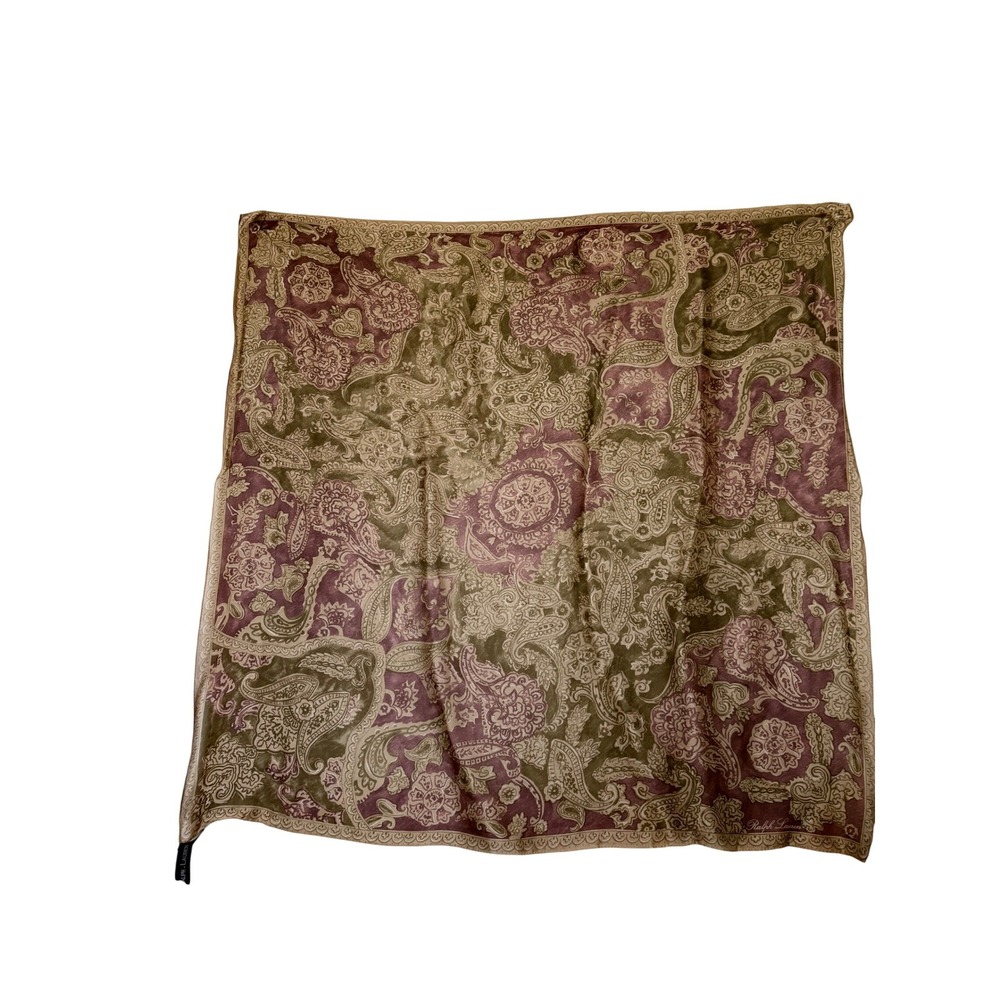Ralph Lauren Silk Scarf Purple Olive Green Paisley‎ Floral Square Made in Japan